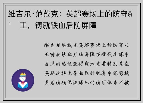 维吉尔·范戴克：英超赛场上的防守之王，铸就铁血后防屏障